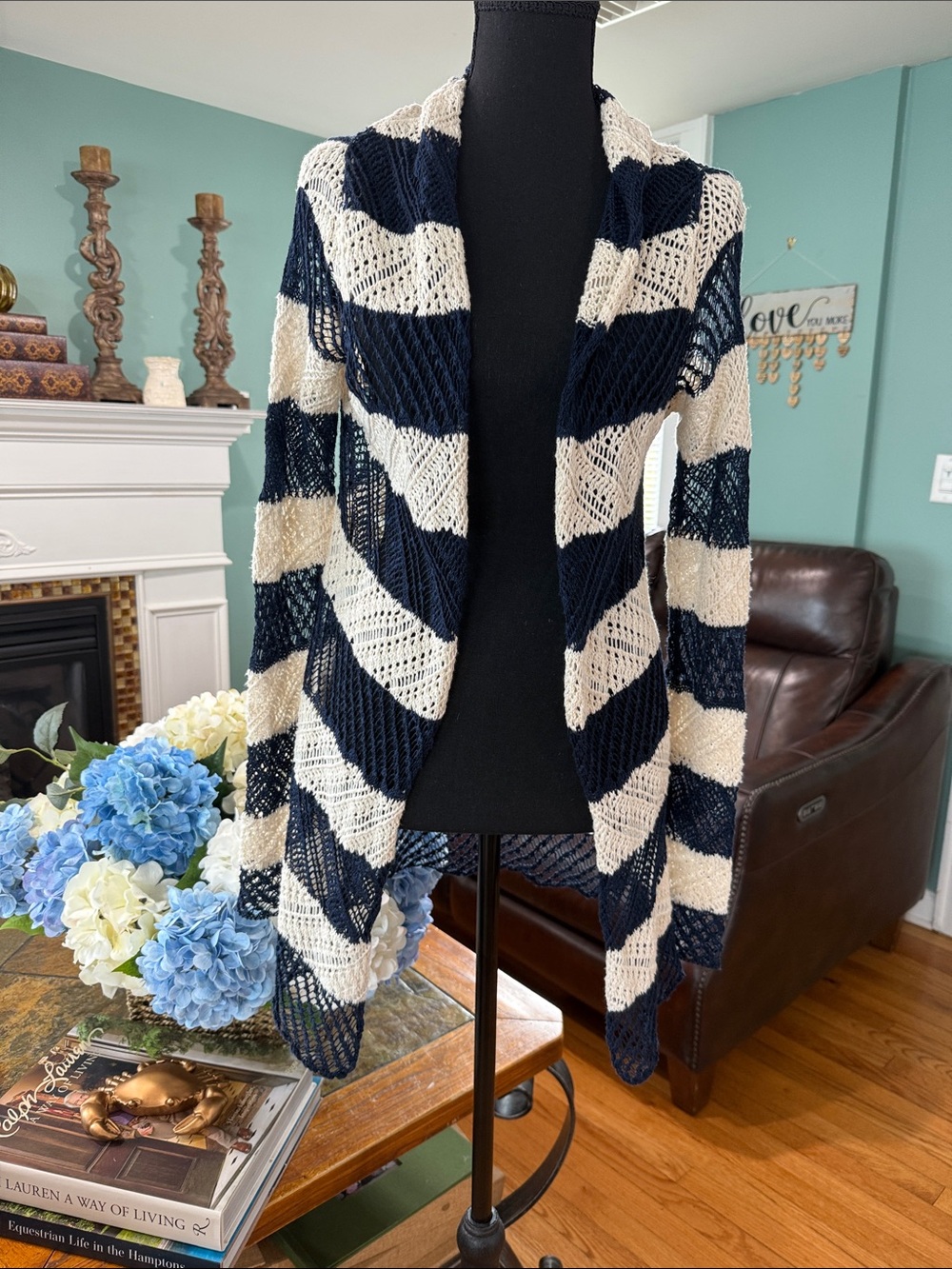 Ralph Lauren ~ Lauren Jeans Co. Navy and Cream Striped Open-Front Cardigan